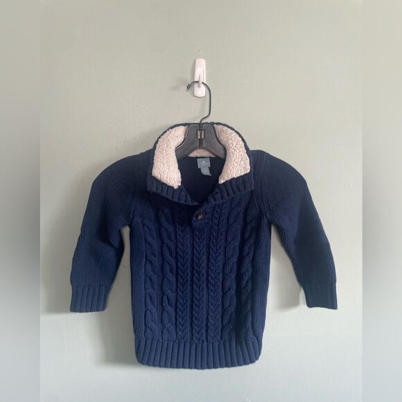 GAP Other - Baby Gap Navy Cable Knit Sweater with Cream Sherpa Collar Elbow Patches Sz 3T